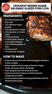 Crockpot Brown Sugar Balsamic Glazed Pork Loin 🥩🍯🔥 Ingredients For the pork and glaze 2 to 3 lbs boneless pork loin roast 1/2 cup brown sugar, packed 1/3 cup balsamic vinegar 1/2 cup water or chicken broth 2 Tbsp soy sauce 2 cloves garlic, minced 1/2 tsp ground ginger Salt and black pepper to taste For the garnish Fresh parsley, chopped Serves: 6 Prep time: 10 minutes Cook time: 6–8 hours (Low) Cooking Temperature: Low (approx. 190°F–200°F) How to Make Season the pork loin roast generously on