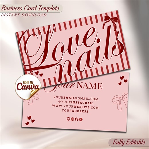 Coquette Business Card Template, Editable Canva Business Card, Feminine Bow Heart Business Card, Romantic Red Pink Aesthetic Branding #37 - Etsy