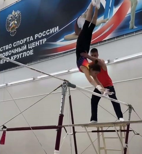Uneven Bars training by Russian Junior Gymnast Diana Gainulina with coach Ivan Igorevich.