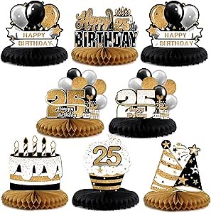 LINGTEER Happy 25th Birthday Black & Gold Paper Table Topper Centerpieces Set - 8 Pcs Cake Star Balloon 25 Years Old Birthday 25th Bday Party Gift Decorations Sign.