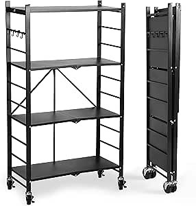 Foldable Shelf with Wheels | 4-Tier Versatile Expandable Shelf Storage Solution - Strong & Stylish Carbon Steel. Use Anywhere from Kitchen Racks and Shelves to Laundry Room Storage Rack