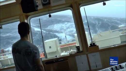 This video was shot during Storm Gertrude from the bridge of a ship on January 29, showing powerful surges of water crashing against the vessel as it rocks and sways over the waves 100 miles out to sea. | The Weather Channel