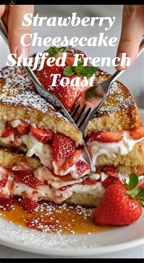 Strawberry Cheesecake Stuffed French Toast 🍓✨ This Strawberry Cheesecake Stuffed French Toast is thick, golden, and absolutely loaded with creamy cheesecake filling and juicy strawberries. It’s that bakery-style brunch dessert that makes everyone stop mid-bite and say, “Oh my gosh.” Save this one for the weekend… or tag a friend who needs this on their breakfast table ASAP! Yield: 4 large servings Ingredients: • 4 oz cream cheese, softened (113 g) • 2 tbsp powdered sugar • 1/4 tsp vanilla extra