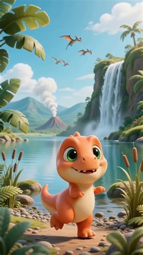 Baby T-Rex Dance by the Waterfall 🌋 Cute Dinosaur Video for Kids