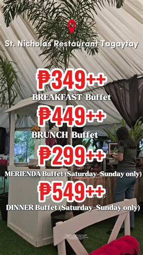 Your cravings have a schedule and we’ve got it covered! Dont miss out on your favorite buffet time! 🥳 🍳 Breakfast Buffet 349 (WEDNESDAY TO SUNDAY) 6:30AM | 10:00AM 🥗 Brunch Buffet 449 (WEDNESDAY TO SUNDAY) 10:30AM |2:00PM 🍰 Merienda Buffet 299 (SATURDAY TO SUNDAY) 2:30PM |5:30PM 🍗Dinner Buffet 549 (SATURDAY TO SUNDAY) 6:00PM | 10:00PM ALL DAY À LA CARTE WEDNESDAY TO SUNDAY See you at our buffet! 📍#85 NASUGBU HIGHWAY (MAHOGANY AVE.) BRGY. MENDEZCROSSING EAST. TAGAYTAY CITY 🍽️ RESERVE YOUR 