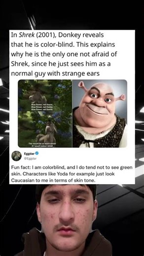 In Shrek (2001), Donkey reveals that he is color-blind. This explains why he is the only one