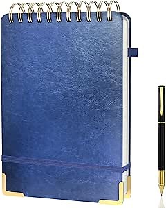 A5 Top Spiral Notebook, Large Leather Hardcover Top Bound Steno Pads, 240 Pages 100 gsm Thick Lined Paper Left Handed Notebook Journal for Work, School, Meeting Writing - Navy Blue, 5.9" x 8.5"