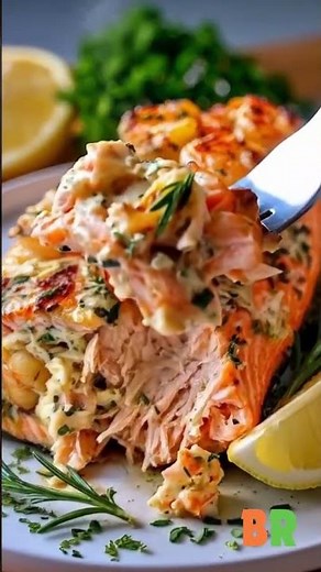 🍽️ Crab & Shrimp Stuffed SalmonThis comforting seafood dinner feels special