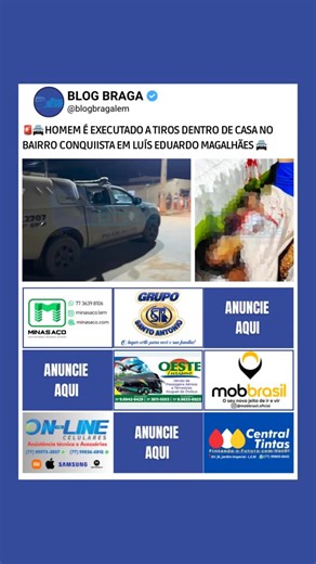 BLOG BRAGA on Instagram: "Um homem identificado pelo pré-nome Cassiano foi morto a tiros dentro da própria residência na noite desta quinta-feira (12), por volta das 23h15, no bairro Conquista, em Luís Eduardo Magalhães. O crime ocorreu em um imóvel localizado na Rua Ibitiba, esquina com a Rua Caravelas. De acordo com as primeiras informações, a vítima foi atingida por disparos de arma de fogo dentro da casa e não resistiu aos ferimentos. Equipes da Polícia Militar, por meio do 27º BPM, estão no
