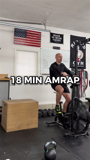 18 min grind with the ultimate finisher 🔥 Workout ⬇️ 18 min AMRAP • 12 cal bike • 12 American kb swings • 12 box jumps rest 3 mins • 10/20 intervals Target rounds 7 Target cals: whatever max effort gets you 😎 RX / Scaled Options ⬇️ • KB: M 53/35 | F 35/25 • Box: M 24/20 | F 20/16 Equipment swaps ⬇️ • KB swings = alternating db snatch This is a fun one. I did it months ago and don’t remember my exact score, but it was around 9 ish rounds and 50 cals. Take the full 2 min rest. You’ll need it. #g
