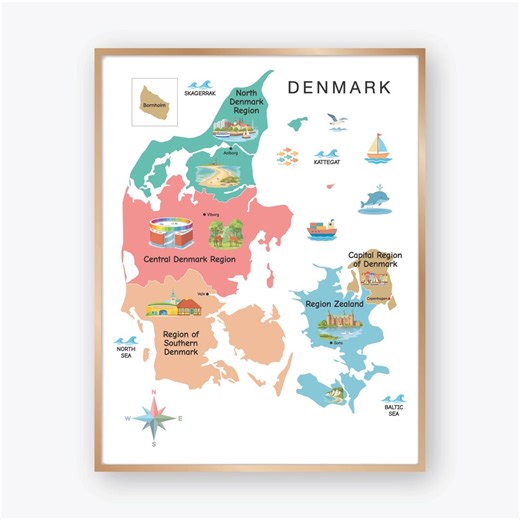 Illustrated Denmark Map Poster With Colorful Regions Printable Wall Art, Scandinavian Geography Decor Digital Download - Etsy