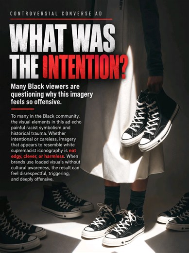 #greenscreen This Converse ad is disgusting to a lot of people in the Black community — and the bigger problem is that this is NOT the first time a major company has released imagery that should have raised red flags long before the public ever saw it. Look at the image. The pointed white shape, the dark shoes hanging from a hand, and the overall composition immediately reminded many viewers of some of the ugliest racist imagery in American history. Whether Converse intended that message or some