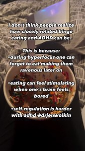 I don’t think people realize how closely related binge eating and ADHD can be. This is because: •during hyperfocus one can forget to eat making them ravenous later on •eating can feel stimulating when one’s brain feels bored •many of us find dopamine and stimulation through certain textures (ie crunch!) •self-regulation is harder with adhd This problem with binging is that it often makes you feel sick and sends you down a shame spiral. The remedy? Well, one of them is MINDFULNESS. Staying super 