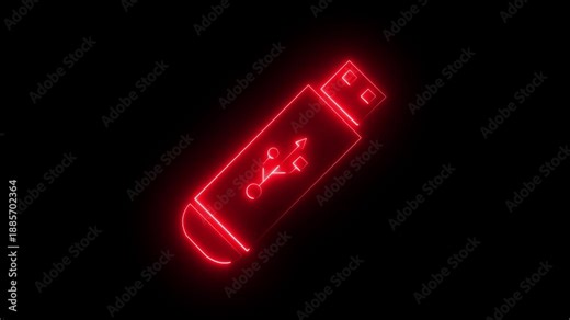 Glowing neon USB drive icon isolated on black background. USB Drive icon animation. Security, safety, protection concept. connect external device USB sign. 4k motion graphics animation.