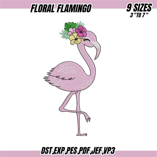 Flamingo With Flowers Embroidery Design: Flamingo Machine Embroidery Pattern (digital Download, 9 Sizes) - Etsy