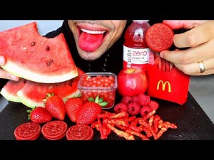 ASMR RED FOODS EDIBLE WATER BOTTLE EATING MCDONALD'S FRIES HOT CHEETOS OREOS FRUITS ORBEEZ MUKBANG