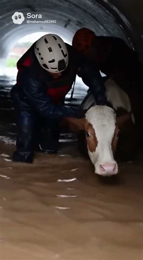 Cow Trapped in Flood Tunnel Saved by Human Chain — Incredible Rescue Mission