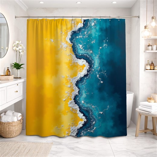 Yellow Shower Curtain Abstract Ocean Resin Split Teal Gold Modern Decor - Etsy