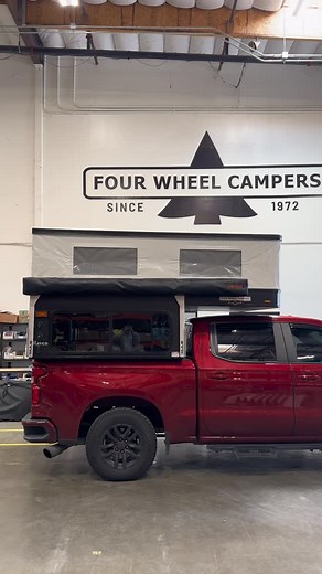 Four Wheel Pop-Up Truck Campers on Instagram: "The Raven, made for Full Size trucks with 5.5ft truck beds, going on this cherry red Silverado! This specific camper is pretty much Standard Options only, featuring: - Queen Size Bed (King is Optional) - Roll over Couch Seating w/ Full Size Bed Conversion - 132ah Lithium Battery & DC-DC Charger - 65L Refrigerator - Flush Mount Sink & Stove - 20 Gallon Fresh Water - 2x10lb Propane Tanks - Powered Fan over Kitchen - LED Interior Lights & Porch Light -