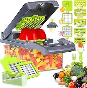 Vegetable Chopper - Pro Onion Chopper & Potato Peeler, 14 in 1 Multifunctional Food Chopper, Kitchen Vegetable Slicer Dicer Cutter, Veggie Chopper With 8 Blades, Carrot Chopper With Container (Grey)