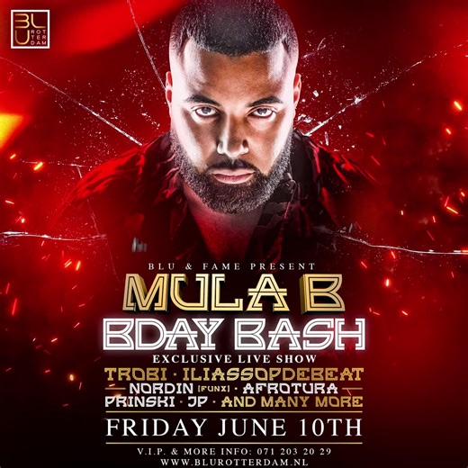 Come celebrate with Mula B on his birthday bash! Meester Plusser, Trobi, Iliasopdebeat & many more will give you a night to remember, presented by BLU & FAME. Get your tickets immediately, as they are selling out quickly. The early birds have already been snatched 🔥 See you this Friday at BLU Rotterdam 🥳⁠ ⁠ 💙 Friday, 10 June 2022⁠ 💙 BLU Rotterdam⁠ 💙 23:00 - 05:00⁠ 💙 18 ⁠ 💙 https://tickets.ticksz.com/mula-b-bday-bash/ | BLU Rotterdam