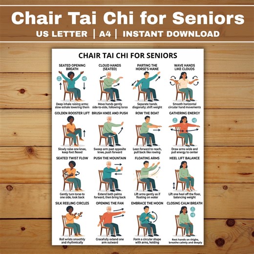 Póster imprimible de Tai Chi en silla para personas mayores, tabla de ejercicios sentados en PDF, entrenamiento suave de equilibrio en casa para adultos mayores, arte mural para gimnasio de movilidad - Etsy México