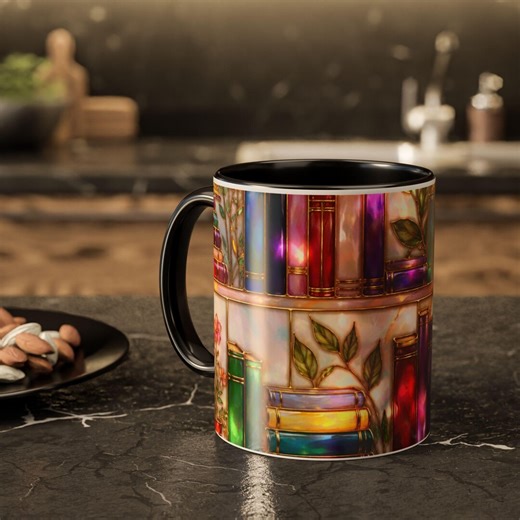 Bookish Stained Glass Mug, Floral Bookshelf Coffee Cup, Cozy Library Aesthetic Mug, Gift for Readers - Etsy