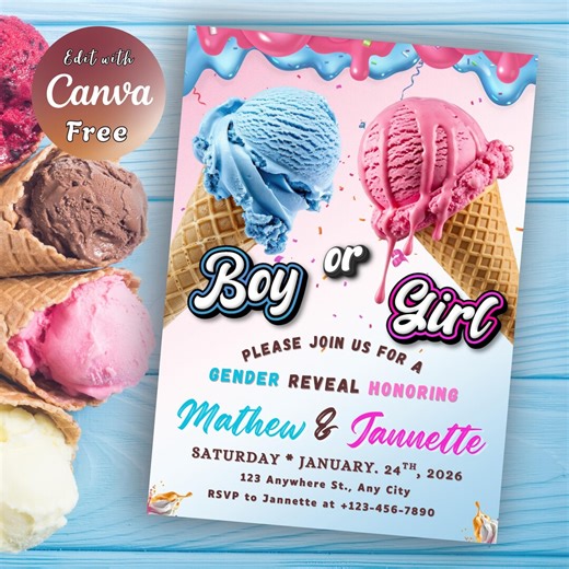 Ice Cream Gender Reveal Invitation, Pink & Blue Cones Digital Invite - Etsy
