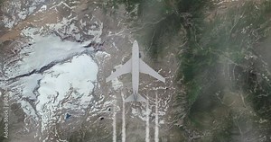 Aircraft flying over snowy alps. Cargo plane or passenger airliner flight at high, view from the top