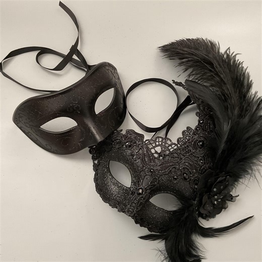 Black Lace Masquerade Feather Mask Pair for Women Men Girls Silk Floral Rhinestones Gemstones - Etsy