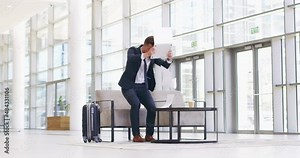 Sometime we depend too much on technology. Angry businessman throwing a laptop at a conference. Stressed man getting mad, frustrated and upset at broken technology and deadlines