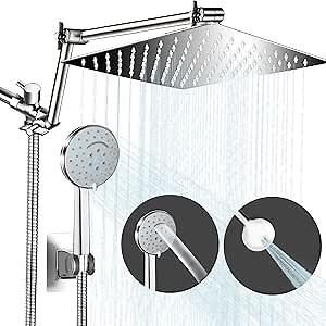 12 Inch Rainfall Shower Head with Handheld Combo, THE FIRST WATERFALL handheld mode Rain Shower Head, Fullbody Showerhead with 15 Inch Adjustable Extension Arm, 6 Setting Spray Modes， Stainless Steel