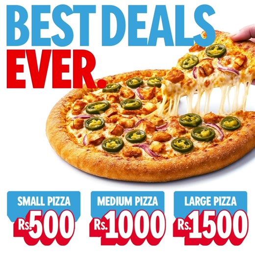 Domino’s Best Deals Ever. Small for Rs. 500, Medium for Rs. 1000, Large for Rs. 1500. What’s hot, cheesy, and easy on the wallet? Available for Dine-In, Takeaway and Delivery. Pick your size. Tap the ad. Order and enjoy! Download the app: Play Store - https://bit.ly/2Wptg9p App Store - https://apple.co/2ZbXiKV #DominosPakistan #GreatnessByDominos #BestDealsEver #DominosApp #BestPizzas #Discounts #HungryForMore | Domino's Pizza