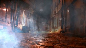 Lightning strikes light up clouds over old street