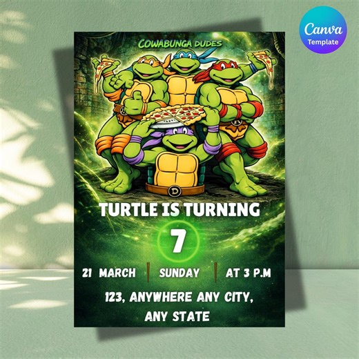 Editable Ninja Turtle Birthday Invitation | Turtle Evite | Editable Canva Template | Printable Ninja Invite | Printable Instant Download - Etsy