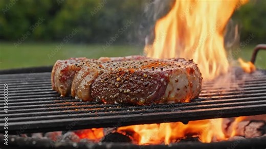 Barbecue grill scene with a succulent steak cooking over open charcoal fire, flames licking the meat, smoke drifting dramatically, spices crusting on the surface, slow-motion food