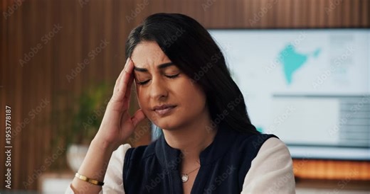 Finance, woman and stress with laptop in office for data mistake, modeling error and workload. Graphs, financial analyst and frustrated with tech for metrics inconsistency, headache and overwhelmed