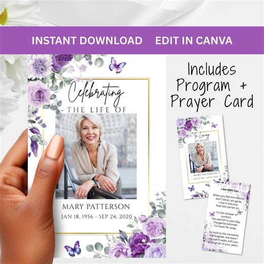 DIY Funeral Program Purple Butterflies Editable Memorial Template Celebration Life Obituary Prayer Card Design - Etsy