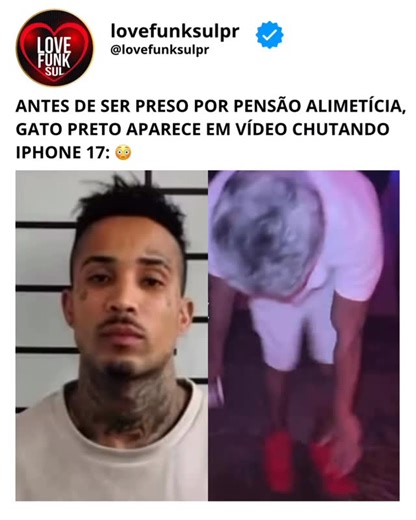 Love Funk Sul PR on Instagram: "O influenciador digital, conhecido nas redes sociais como Gato Preto, foi preso no domingo 14/12, por falta de pagamento de pensão alimentícia, segundo informações. A dívida ultrapassa 57 mil e apesar da dívida, registros do influenciador chutando o que parecia ser um iPhone 17 antes da prisão, circularam nas redes sociais."