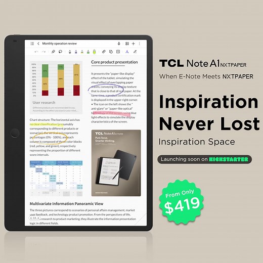 TCL Note A1 NXTPAPER — Where eNote meets NXTPAPER for a lag-free, ghost-free, true paper reading and writing experience. Full-color display combined with the AI Toolbox delivers a smooth, efficient workflow for focus and immersion. ✅Crystal Shield Glass - AG / AF / AR Coating ✅AI Toolbox ✅T-Pen Pro - Instant Response, Zero Ghosting ✅True Tone Display - 16.7 million colors ✅Octa Microphones Array | TCL Mobile
