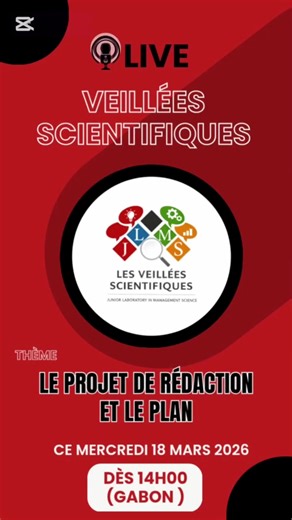 🎓 *ETAPE 2 : PROJET DE RÉDACTION PLAN* Tu as trouvé et formulé un bon sujet ? Parfait. 👉 *Passons maintenant à l’étape suivante :* le projet de recherche le plan. *Car sans projet :* ❌ tu avances dans le flou ❌ tu multiplies les corrections ❌ tu perds du temps 🎯 Ce soir, le JLMS te montre comment construire un projet de recherche solide et un plan efficace. 🎥 *LIVE TikTok – Aujourd’hui* ⏰ À partir de 14H00 📱 *Connecte-toi… et change ta manière de rédiger.* #methodologie #Soutenance #Étudian