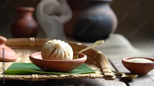 Authentic indian pitha dumpling presented in terracotta bowl for bohag bihu celebration in rustic setting.