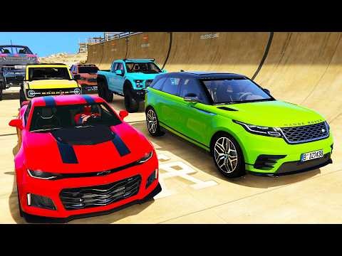 GTA V Superheroes SPIDERMAN Color BLOCKS Race Challenge with Super Cars | GTA 5 Hulk Car Stunt Race