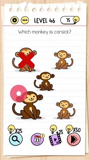 Which monkey is carsick? Brain Test Level 46 (Shake your phone to clear the level)