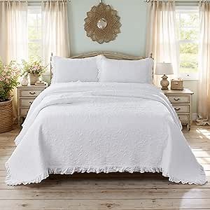 Amazon.com: Brandream White Quilt Set King Size Cotton Matelasse Coverlet Set Shabby Chic Bedding Ruffle Bedspreads 3-Piece : Home & Kitchen