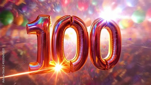 Moving foil numerals reading 100 shifting from burst to reveal at party, confetti, balloons, flares
