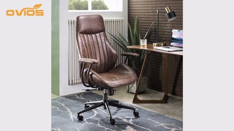ovios Ergonomic Home Office Chair, Mid-Century Modern Faux Leather Chairs with Padded Armrests, Comfy High Back Swivel Rolling Executive Computer Armchair (Brown, Suede Leather)