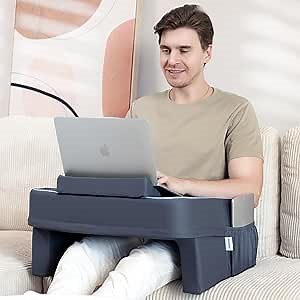 Reading Pillow for Gaming,Lap Desk Pillow for Laptop,Arm Rest Pillow for Reading, Working, Crocheting, Playing Steam Deck Switch or Sitting in Bed,Sofa, Dark Gray+blue