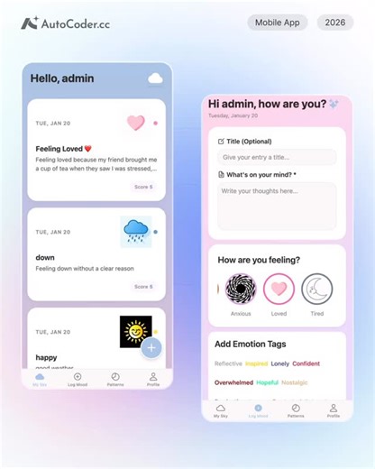 AutoCoder on Instagram: "Life comes with ups and downs.💢 Track your moods in a clean and thoughtful mobile app. Created with AutoCoder. Realize your ideas anytime and anywhere in minutes.⚡️🎨 #moodtracker #autocoder #emotion #uidesign #mobileapp"