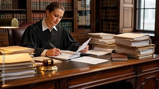 Female judge signing legal documents and writing notes against a law library backdrop